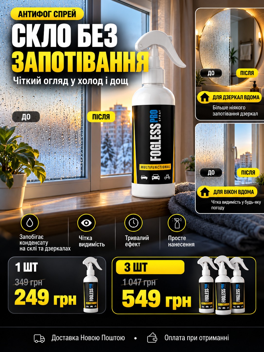 Fogless Pro — скло без запотівання, до і після