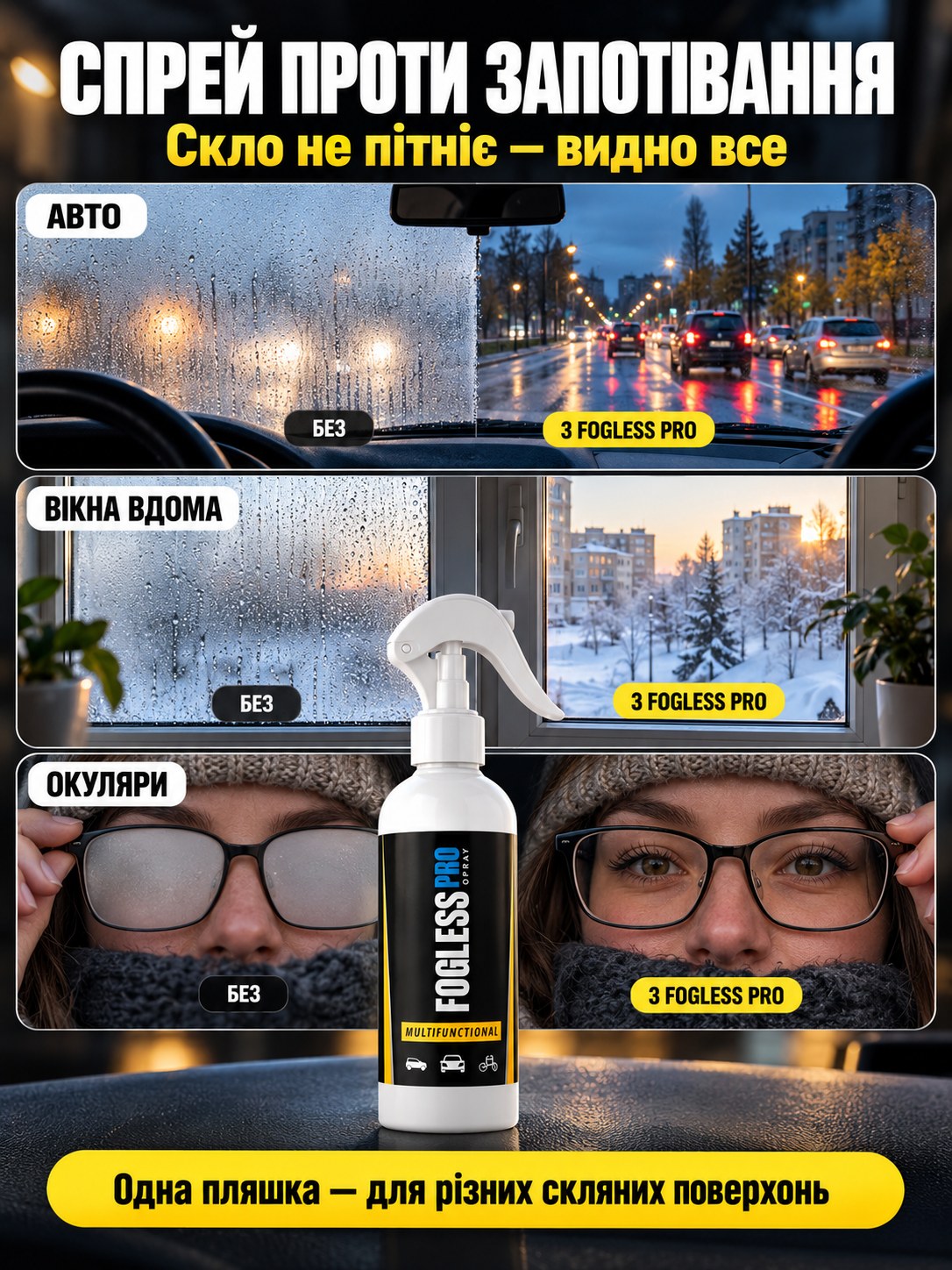 Авто, вікна вдома та окуляри: без спрею і з Fogless Pro